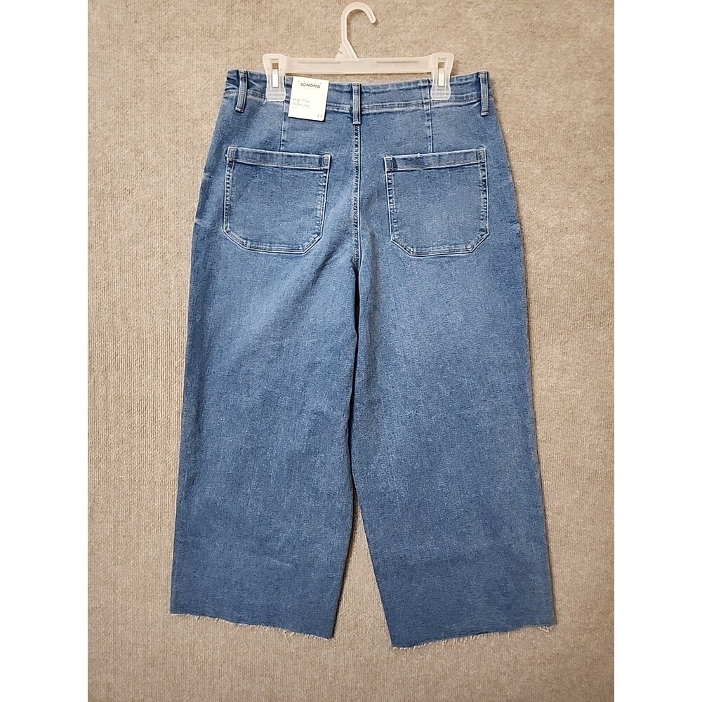 Sonoma Wide Leg Jeans Women 14 Blue Medium Wash Patch Pockets Raw Hem UtilityNEW - Picture 6 of 11